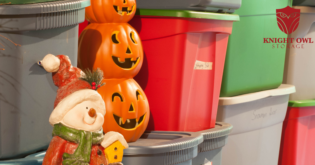 Holiday decorations stored neatly in a secure storage unit at Knight Owl Storage on Highway 90 in Mobile AL
