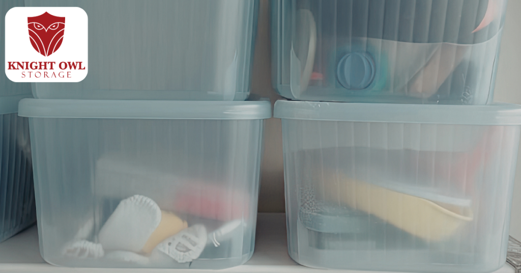 Packed storage bins prepared for loading into a storage unit for organized moving and storage